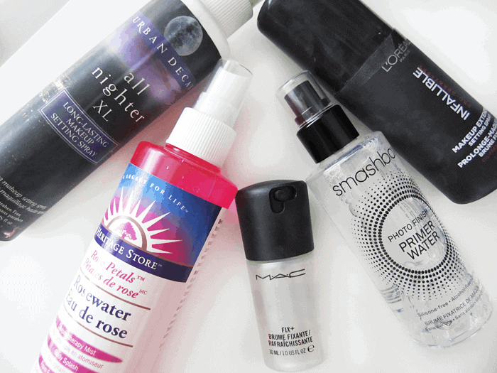 Makeup Setting Sprays Urban Decay All Nighter, Heritage Store Rosewater, mac Fix+, Smashbox primer Water, Loreal Infallible Setting Spray Makeup Setting Sprays Urban Decay All Nighter, Heritage Store Rosewater, mac Fix+, Smashbox primer Water, Loreal Infallible Setting Spray