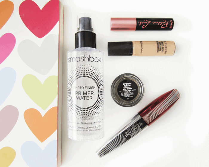 smashbox primer water, anastasia dip brow, loreal intenza mascara, mac pro longwear concealer, benefit roller lash mascara smashbox primer water, anastasia dip brow, loreal intenza mascara, mac pro longwear concealer, benefit roller lash mascara